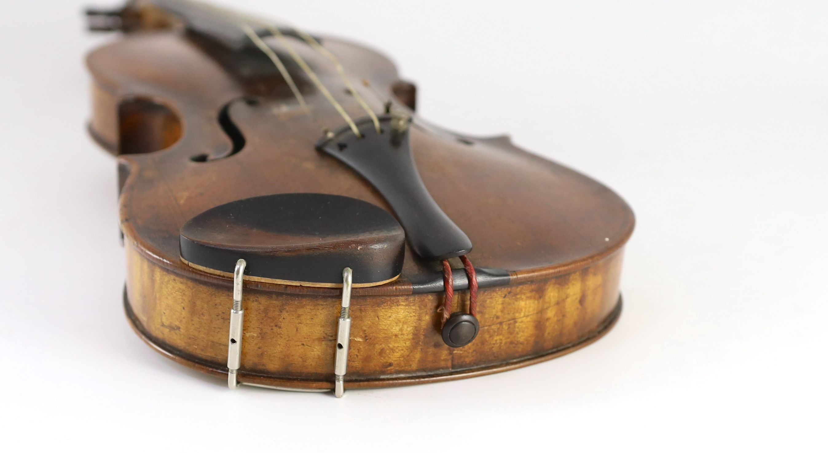 A 19th century violin, degraded internal paper label reads ‘Amati’, back measurement 36cm